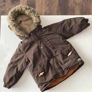 KID 12-18M Zara Brown Hooded Winter Coat Faux Fur Trim